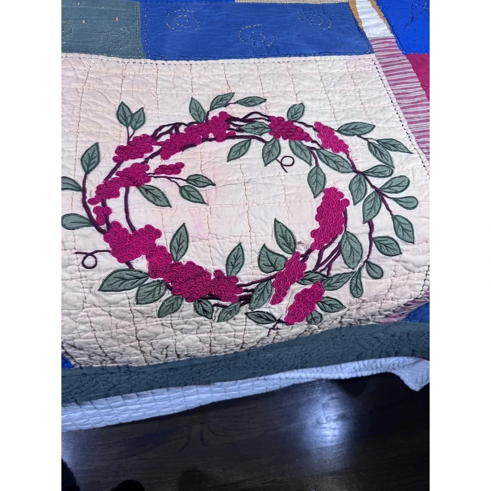 VTG Folk‎ Art Quilt Queen Hand Appliqué Woodland Christmas Patchwork Farmhouse